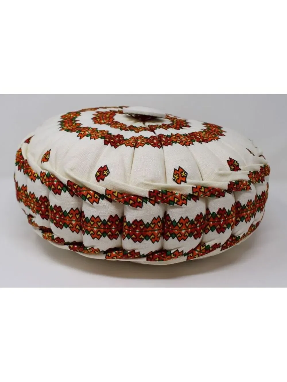 Vintage Round Pleated Throw Pillow Folk Art Embroidery Design Boho Cottagecore